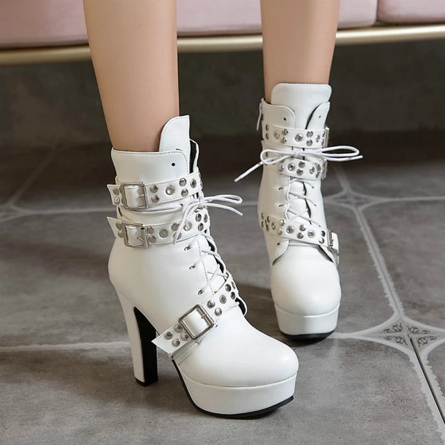 Women's Lace-Up Platform Ankle Boots with High Heels