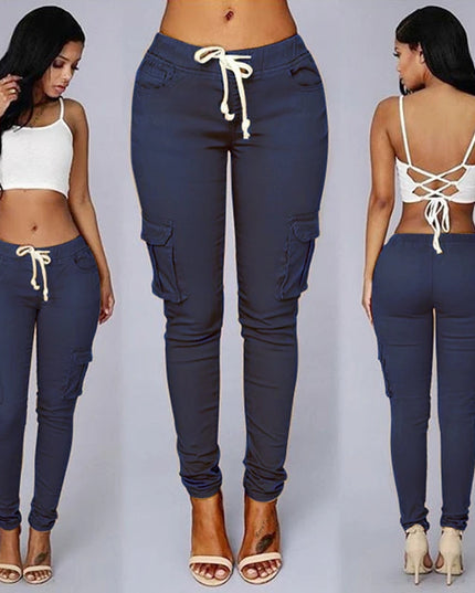 Elastic Skinny Pencil Pants for Women with High Waist and Cargo Style