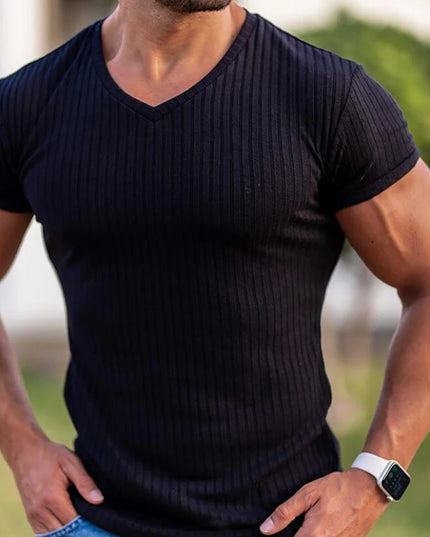 Men's V/O-Neck Short Sleeve T-Shirt - Slim Fit, Knitted, Perfect for Fitness