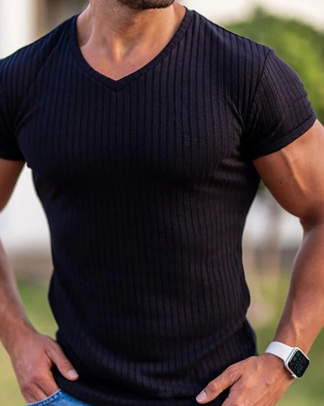 Men's V/O-Neck Short Sleeve T-Shirt - Slim Fit, Knitted, Perfect for Fitness