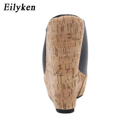 Eilyken Women's Peep Toe Platform Wedges in PU Leather