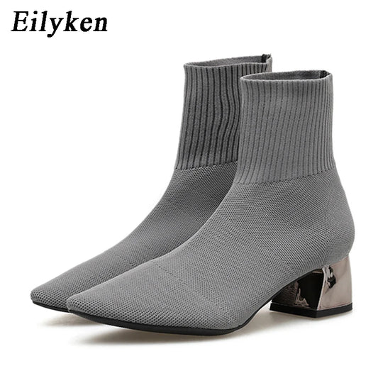 Women's Square Toe Mesh High Heel Boots - Breathable Stretch Style