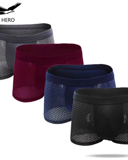 Four pairs of men's underwear in gray, red, blue, and black on a white background with 'SKY HERO' branding.