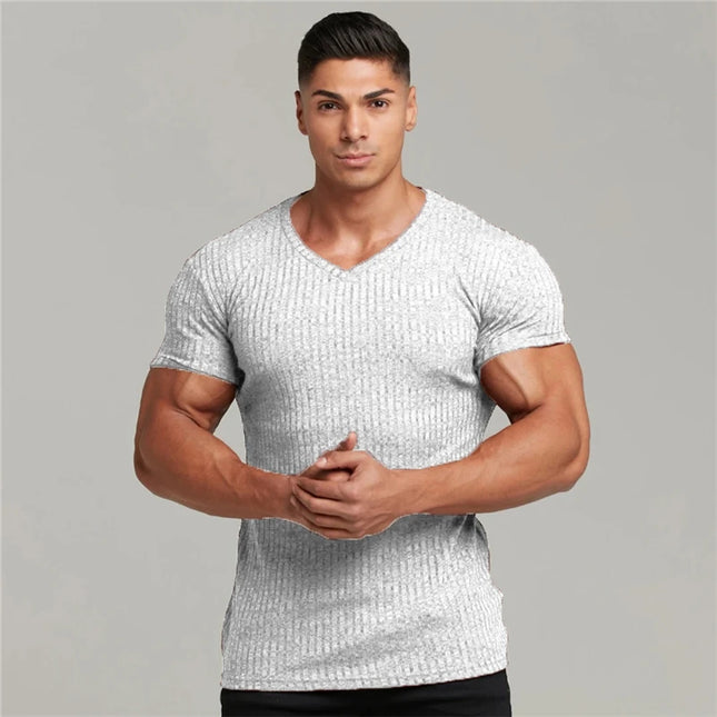 Men's V/O-Neck Short Sleeve T-Shirt - Slim Fit, Knitted, Perfect for Fitness