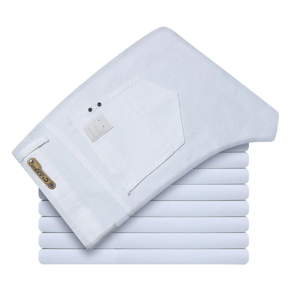 Men's White Classic Slim Fit Soft Stretch Trousers