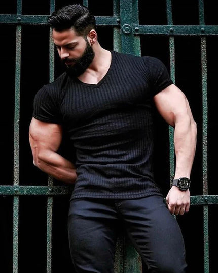 Men's V/O-Neck Short Sleeve T-Shirt - Slim Fit, Knitted, Perfect for Fitness