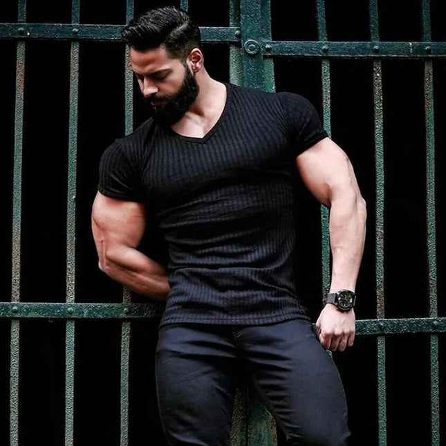 Men's V/O-Neck Short Sleeve T-Shirt - Slim Fit, Knitted, Perfect for Fitness
