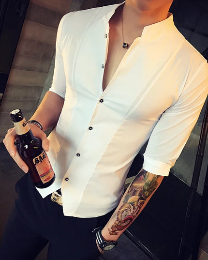 Men's Slim Fit Half Sleeve Stand Collar Shirt