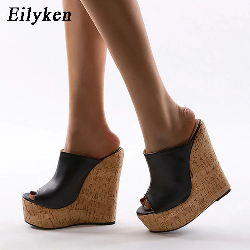 Eilyken Women's Peep Toe Platform Wedges in PU Leather