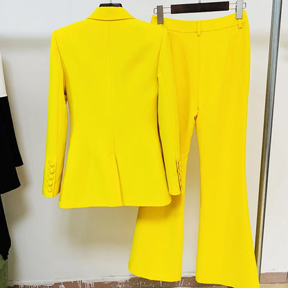 Women's Two-Piece Blazer and Flare Pants Set with Single Button Detail