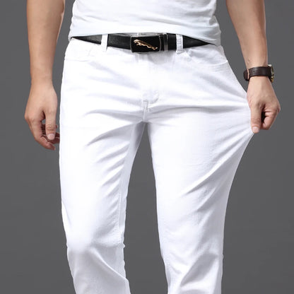 Men's White Classic Slim Fit Soft Stretch Trousers