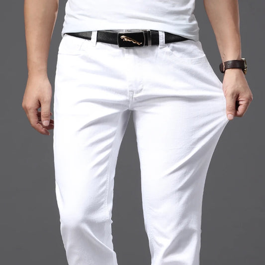 Men's White Classic Slim Fit Soft Stretch Trousers
