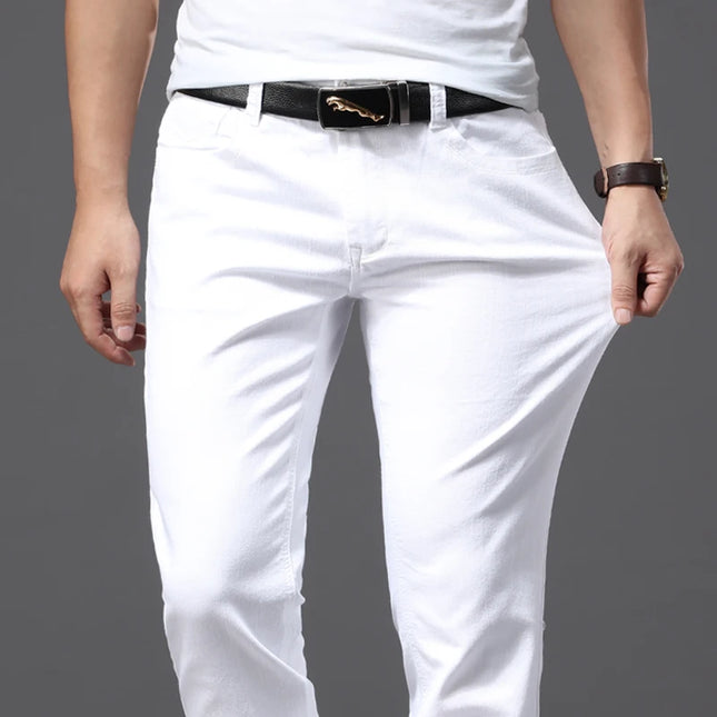 Men's White Classic Slim Fit Soft Stretch Trousers