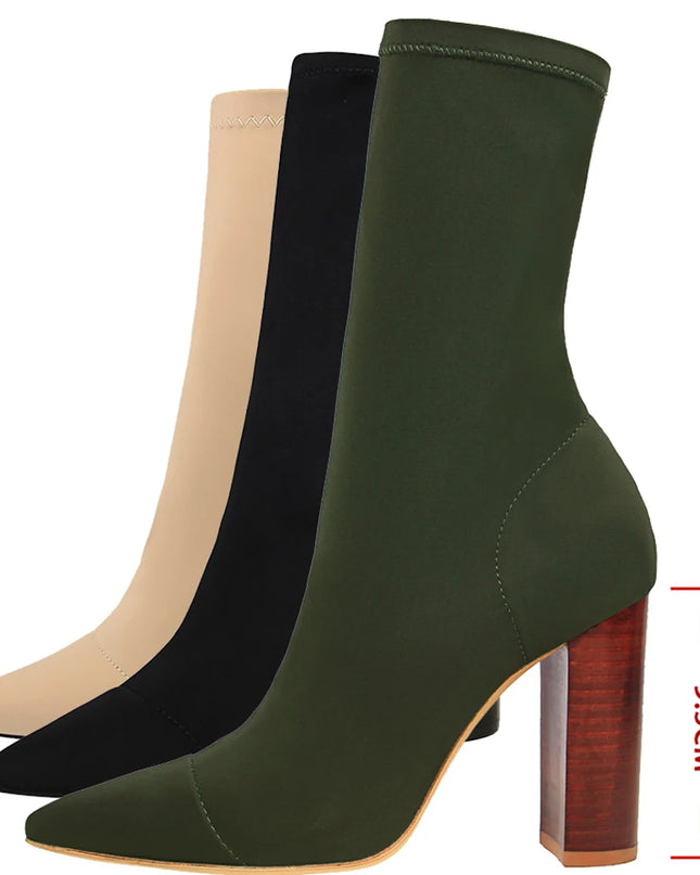 Women's Pointed Toe Elastic Heel Boots – Stylish & Comfortable Ankle Boots
