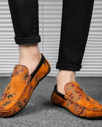 Men's Flower-Printed Faux Leather Slip-On Loafers - Stylish and Comfortable Men's Shoes