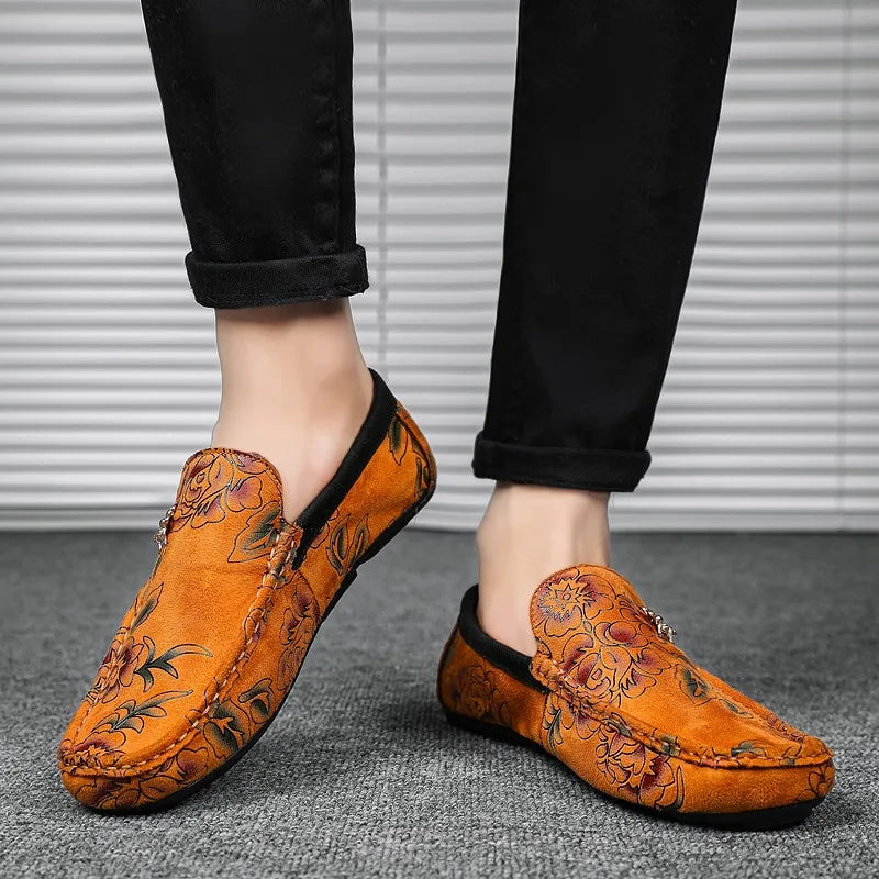 Men's Flower-Printed Faux Leather Slip-On Loafers - Stylish and Comfortable Men's Shoes
