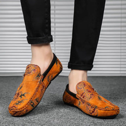 Men's Flower-Printed Faux Leather Slip-On Loafers - Stylish and Comfortable Men's Shoes