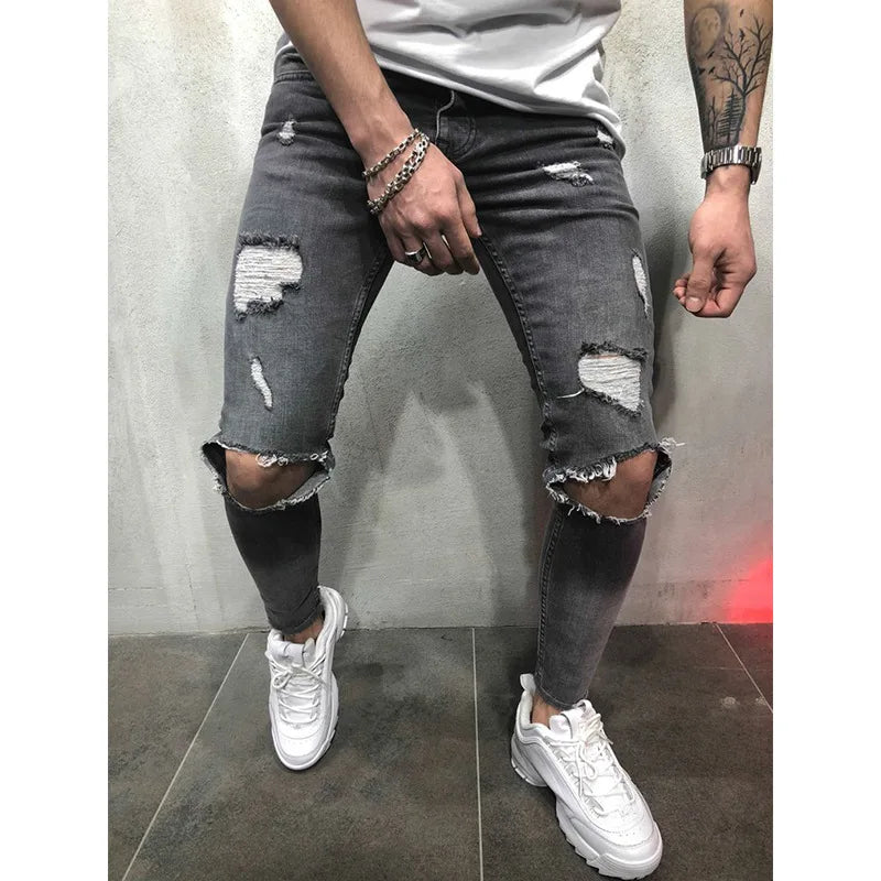 Men's Ripped Slim Fit Denim Jeans - Casual Slim Fit Pencil Pants for Men