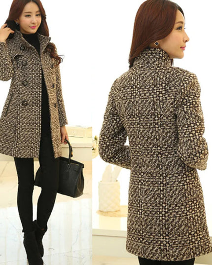Women's Wool Blend Coat - Elegant Plaid Slim Fit Long Coat
