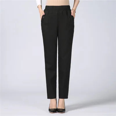 Women's Cotton Straight Pants with Stretch Waist