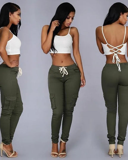 Elastic Skinny Pencil Pants for Women with High Waist and Cargo Style