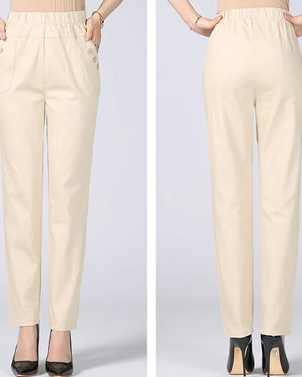 Women's Cotton Straight Pants with Stretch Waist