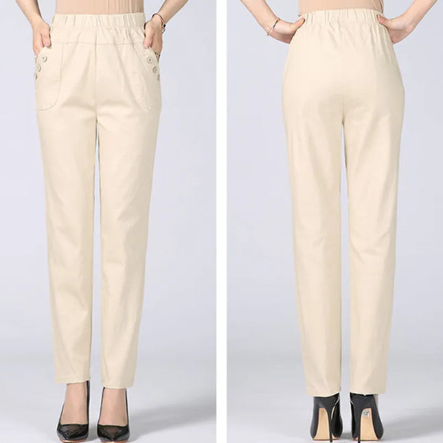 Women's Cotton Straight Pants with Stretch Waist