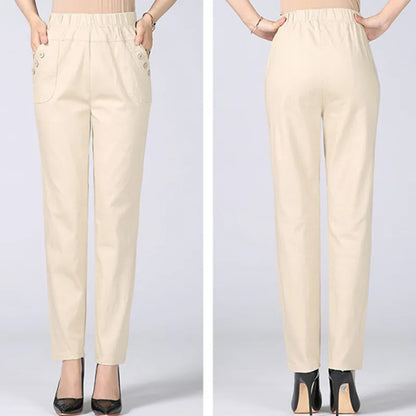 Women's Cotton Straight Pants with Stretch Waist