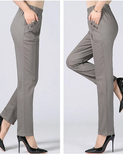Women's Cotton Straight Pants with Stretch Waist