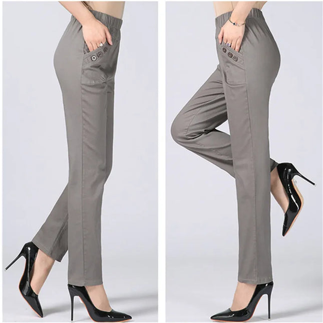 Women's Cotton Straight Pants with Stretch Waist
