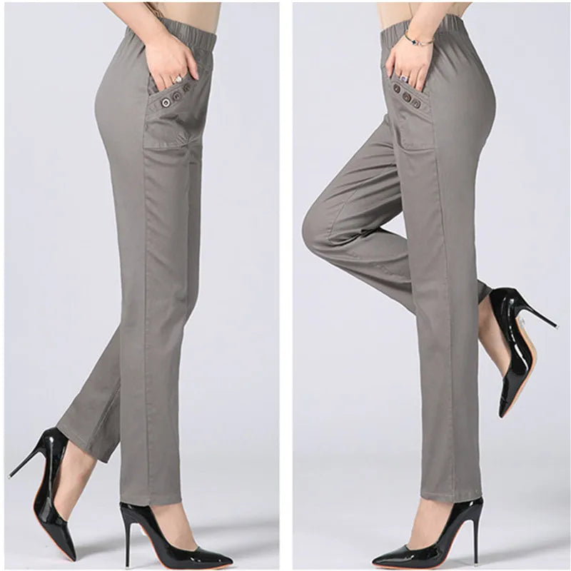 Women's Cotton Straight Pants with Stretch Waist
