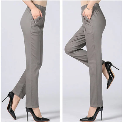Women's Cotton Straight Pants with Stretch Waist