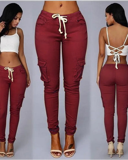 Elastic Skinny Pencil Pants for Women with High Waist and Cargo Style