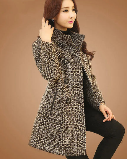 Women's Wool Blend Coat - Elegant Plaid Slim Fit Long Coat