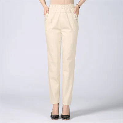 Women's Cotton Straight Pants with Stretch Waist