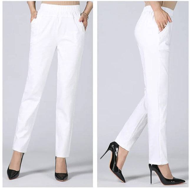 Women's Cotton Straight Pants with Stretch Waist