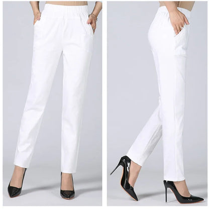 Women's Cotton Straight Pants with Stretch Waist