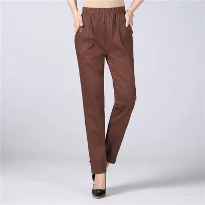 Women's Cotton Straight Pants with Stretch Waist