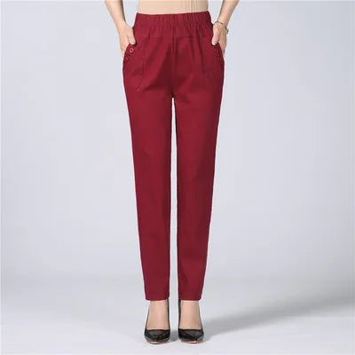 Women's Cotton Straight Pants with Stretch Waist