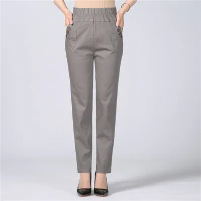 Women's Cotton Straight Pants with Stretch Waist