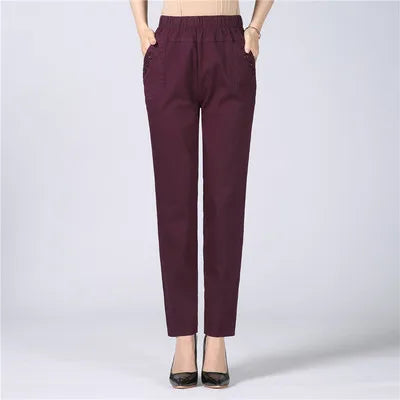 Women's Cotton Straight Pants with Stretch Waist