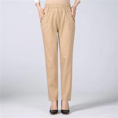 Women's Cotton Straight Pants with Stretch Waist