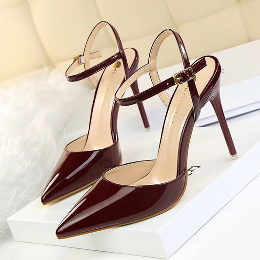 faux Leather Shallow Women Sandals Pointed Toe Fashion Buckle High Heels Shoes Women's Dress Shoes Thin Heels