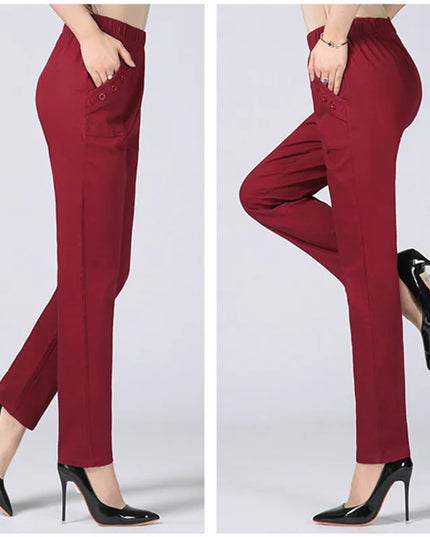 Women's Cotton Straight Pants with Stretch Waist