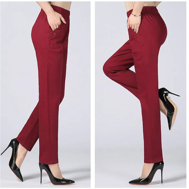 Women's Cotton Straight Pants with Stretch Waist