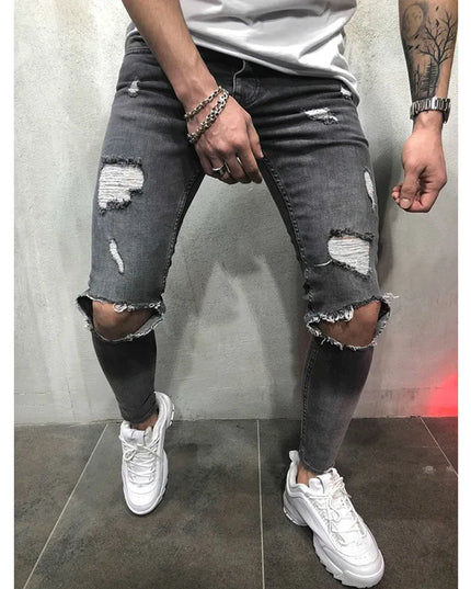 Men's Ripped Slim Fit Denim Jeans - Casual Slim Fit Pencil Pants for Men