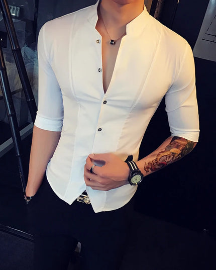 Men's Slim Fit Half Sleeve Stand Collar Shirt