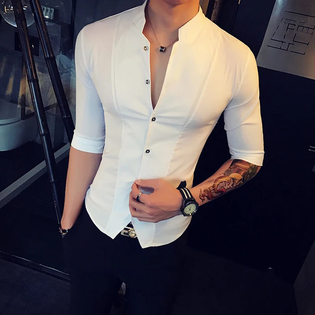 Slim Fit Long Sleeve Stand Collar Shirt for Men - Various Colors