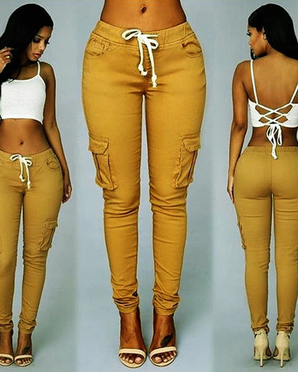 Elastic Skinny Pencil Pants for Women with High Waist and Cargo Style