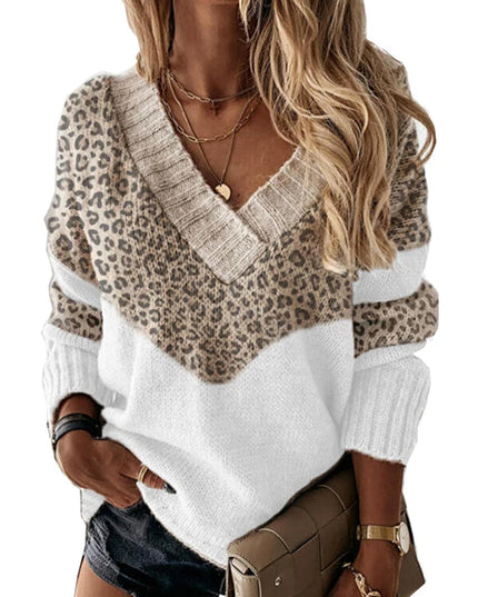Women's Knitted Sweater with Color Panel and Cut-Out Neckline